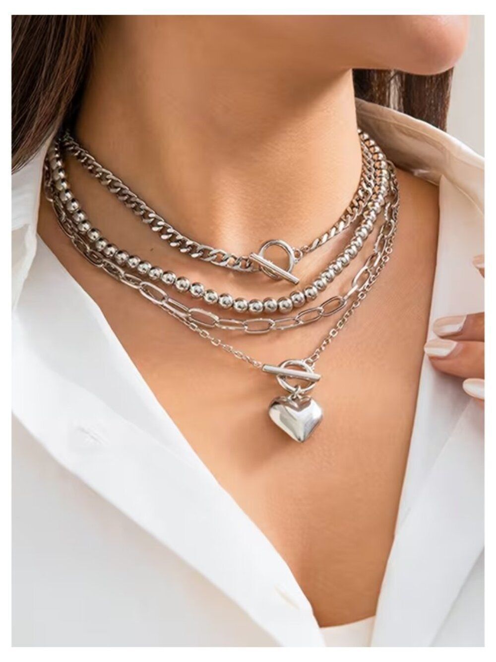 NWT Y2K Grunge Coquette Silver Zinc Alloy Chunky Beaded Layered Heart Necklace